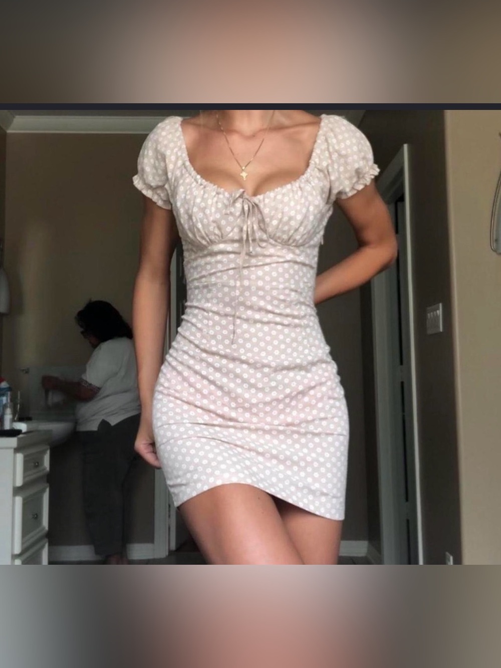 Polly Tie-Front Puff Sleeve Mini Dress in Light Pink Dot SZ:0